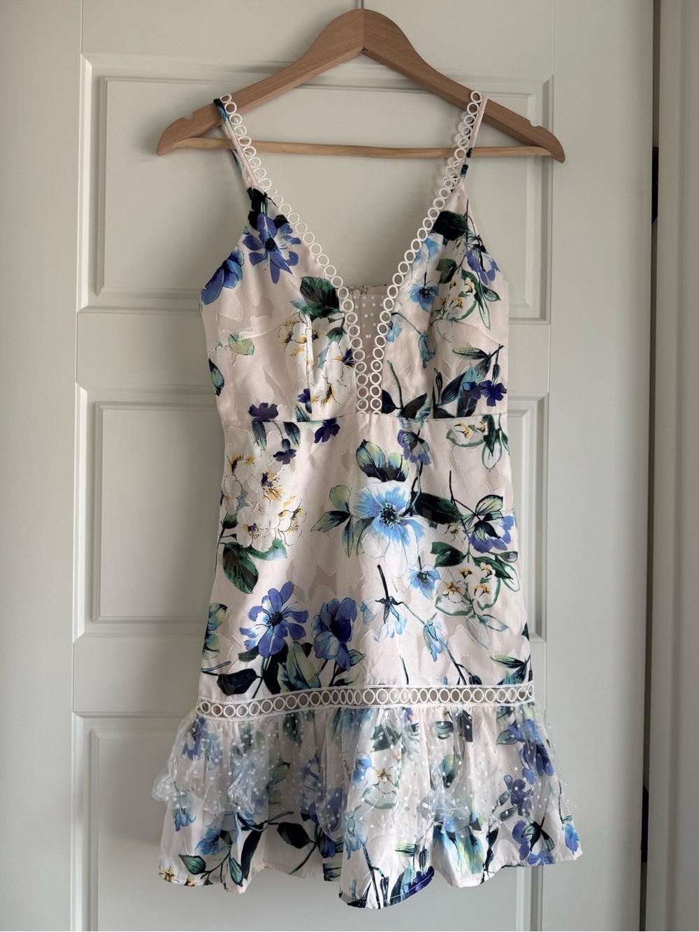 NWT Floral Lace-Trim Ruffle Slip Dress - Blue & Cream - Picture 1 of 13